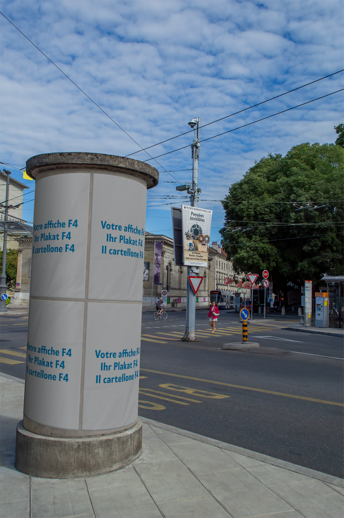 Mockup colonne Morris avec des affiches F4 collés par dessus à Genève