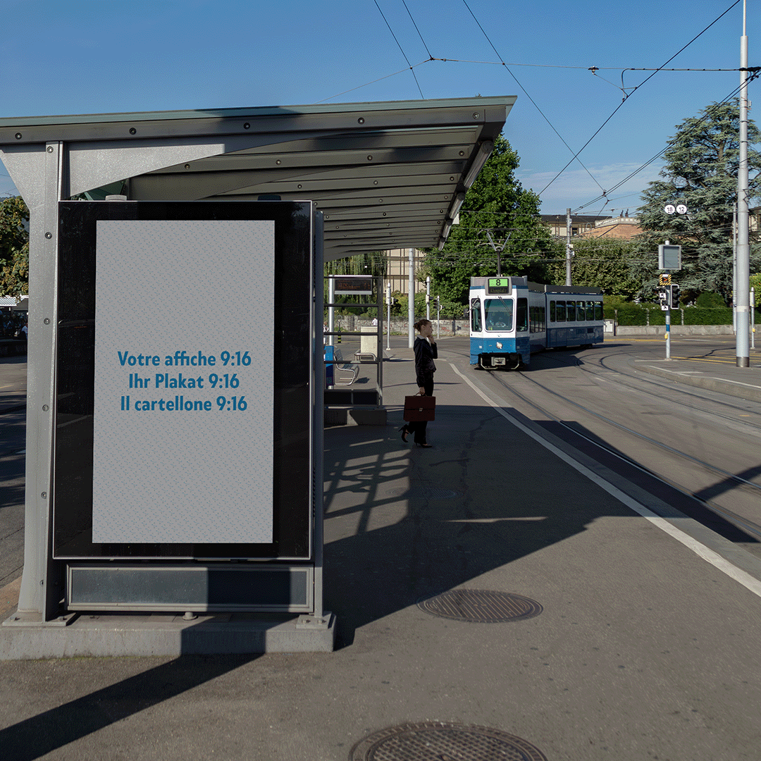 Mockup poster e-city 9:16 at a streetcar stop in Zurich