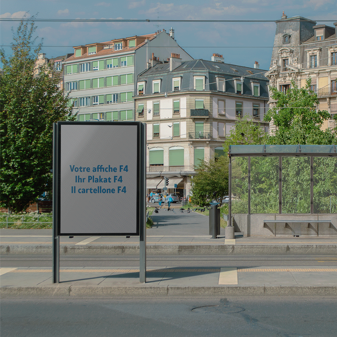 Mockup eines F4-Posters im Stadtzentrum von Genf, in der Nähe einer Straßenbahnhaltestelle der TPG.