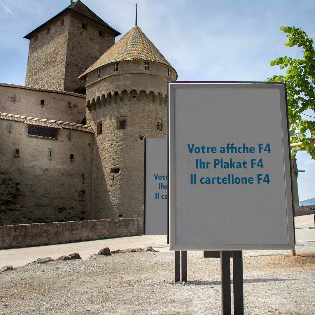 Poster mockup F4 a Montreux, davanti al Castello di Chillon