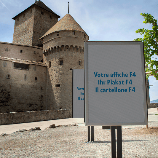 Mockup F4 poster in Montreux, in front of Chillon Castle