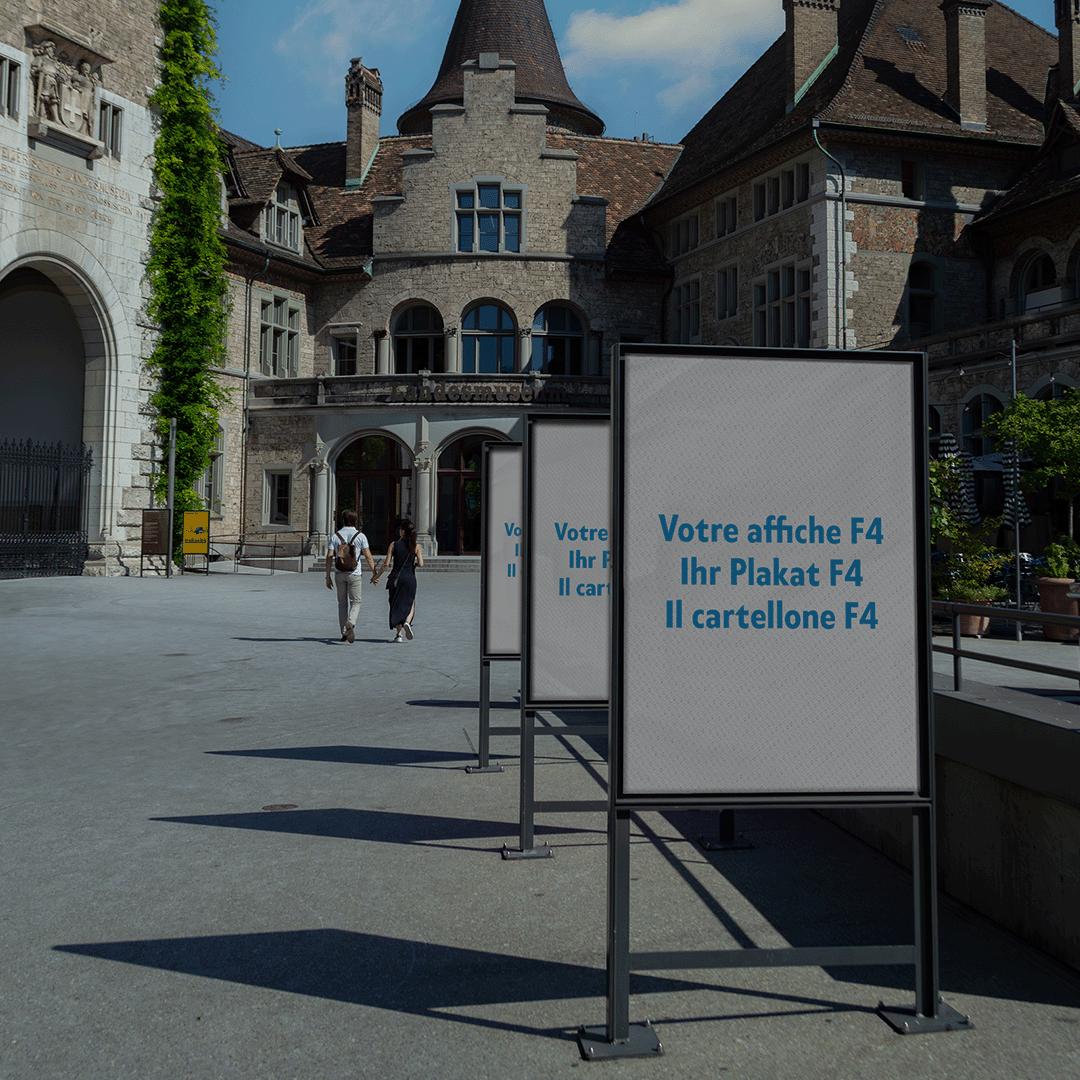 F4 poster mockup in front of the Landesmuseum in Zurich