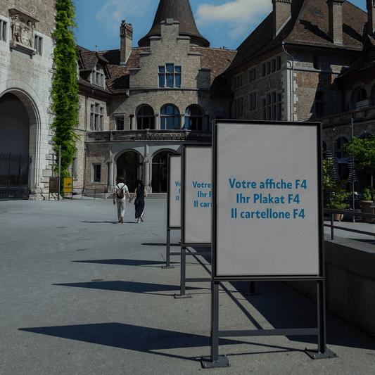 F4 poster mockup in front of the Landesmuseum in Zurich