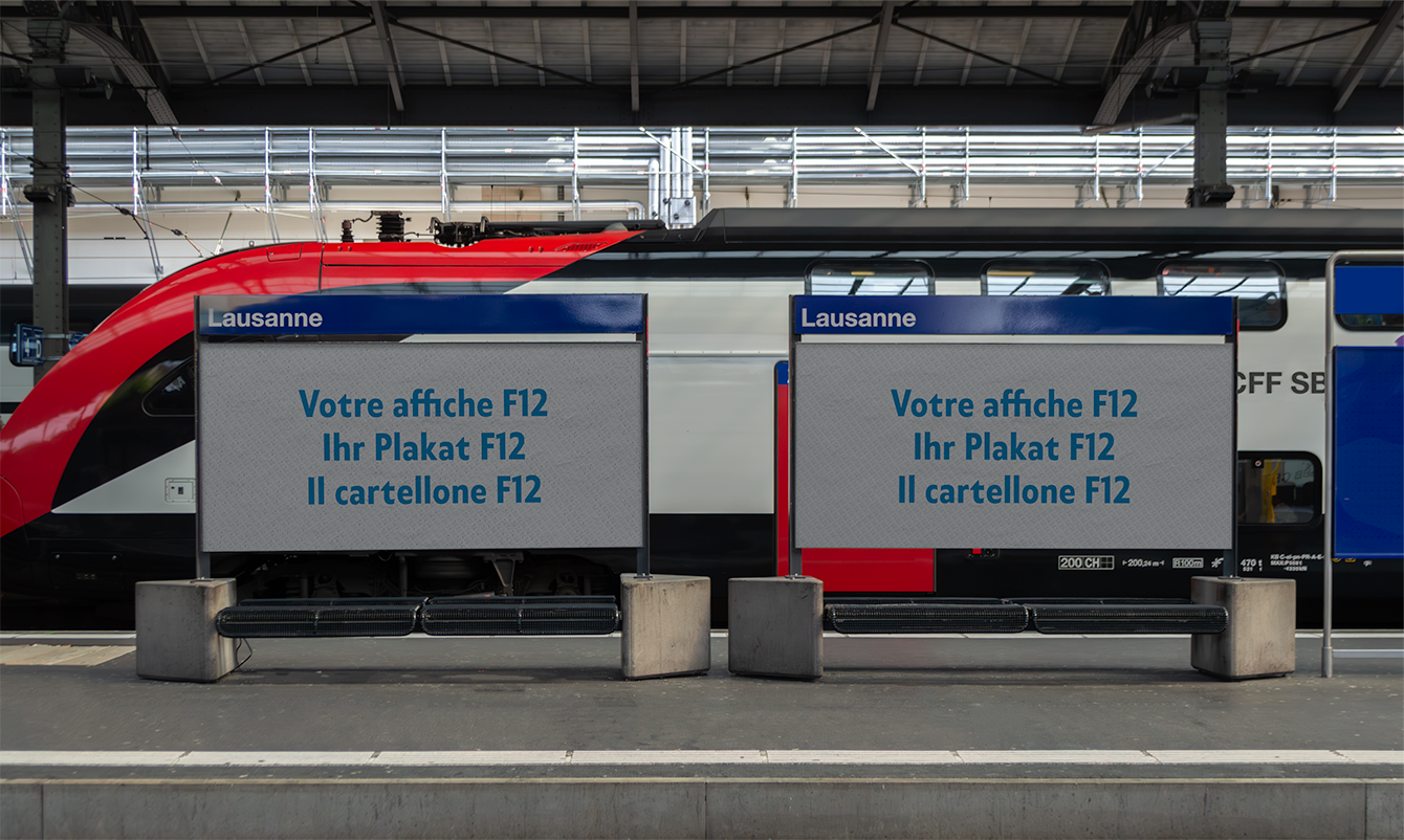 Mockup dei manifesti F12 alla stazione FFS di Losanna