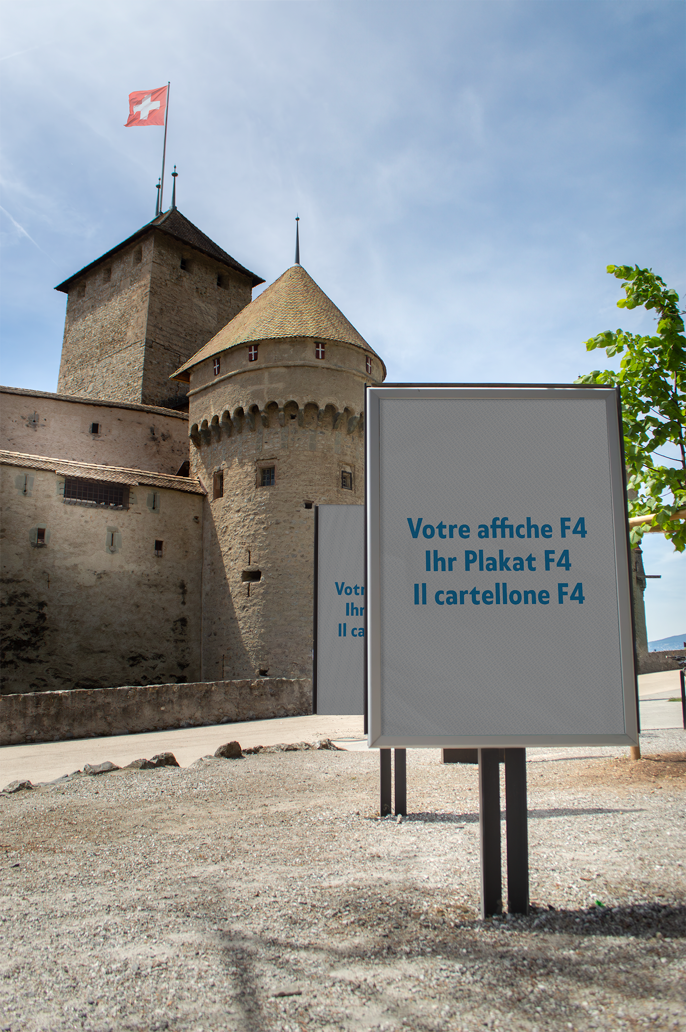 Mockup affiches F4 à Montreux, devant le Château de Chillon