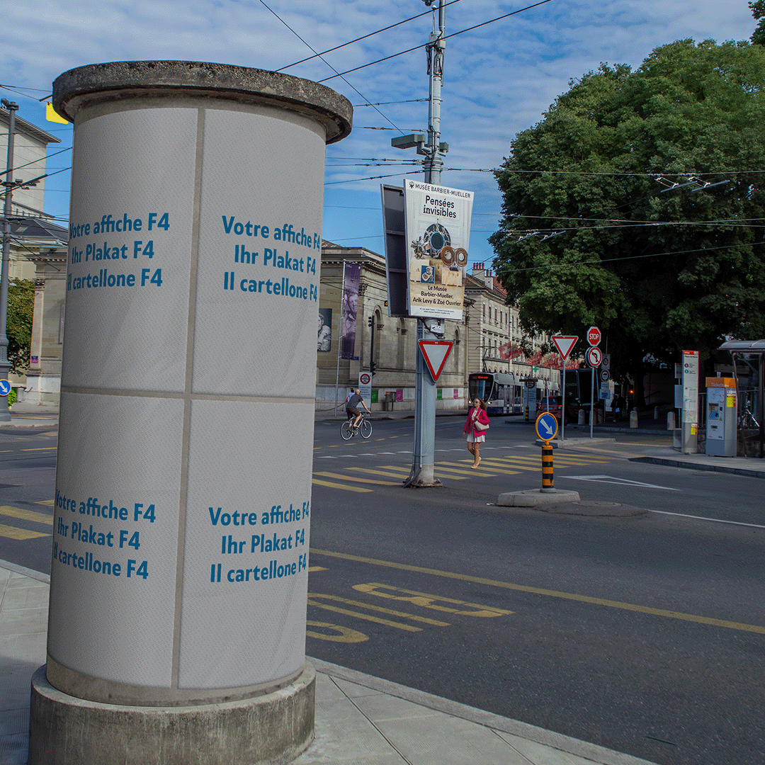 Morris column mockup with F4 posters pasted on top in Geneva